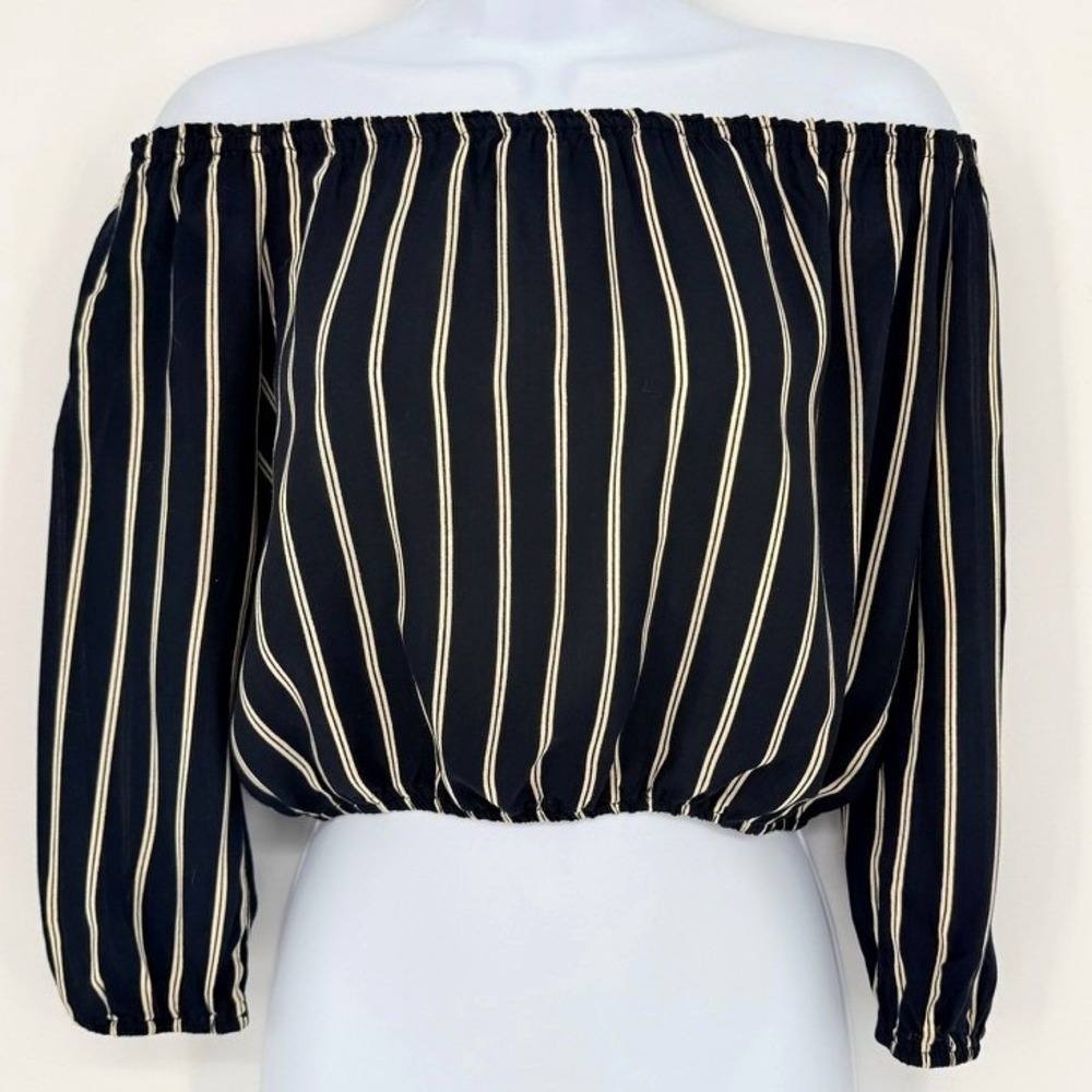Brandy‎ Melville Navy Blue White Striped Bardot Shoulder Crop Top French Girl S